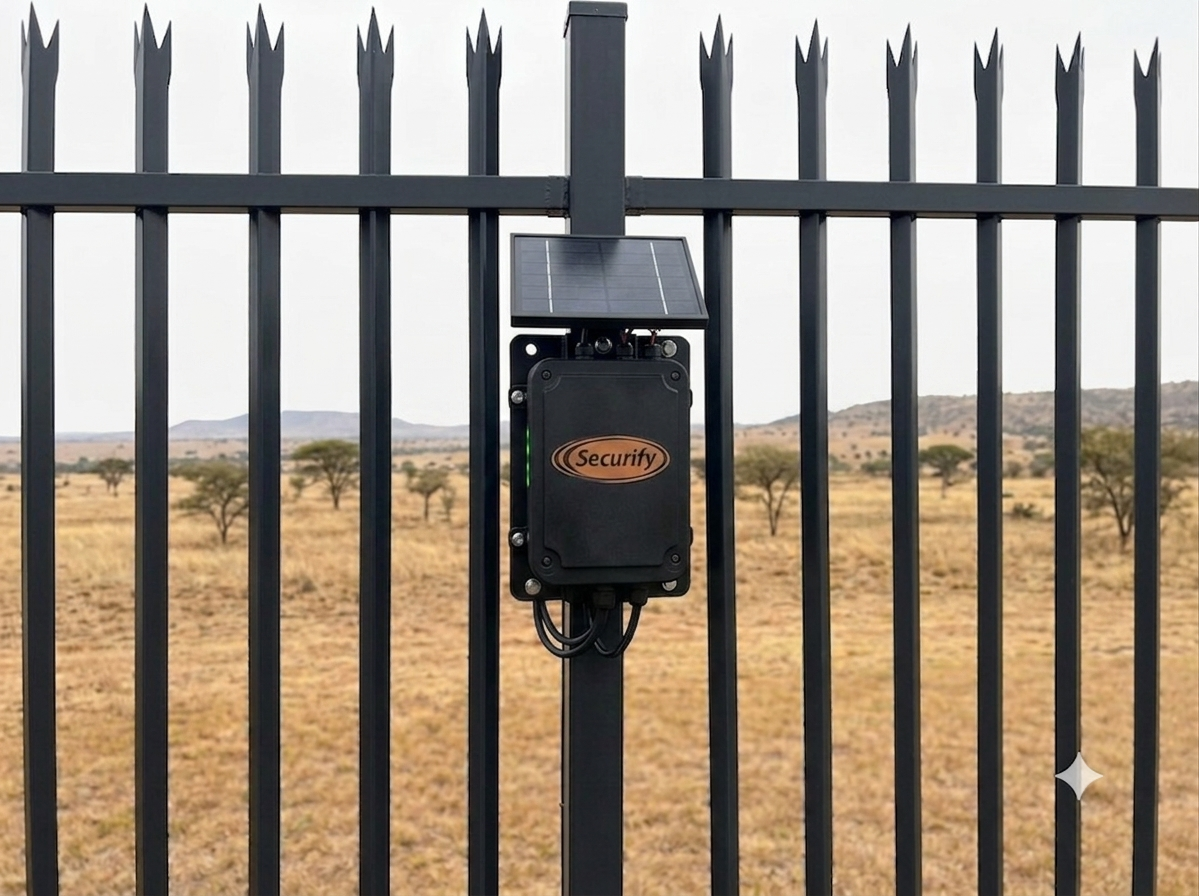 Securify sensor on palisade fence with solar panel — loadshedding proof perimeter security