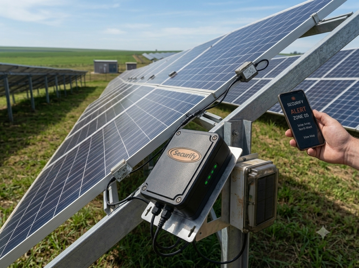 Securify Solar Smart Sense sensor installed on a solar panel frame