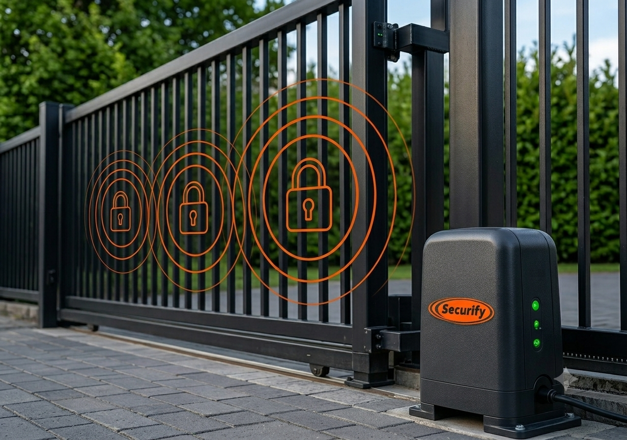 Securify Gate Motor Alarm installed alongside a sliding gate motor